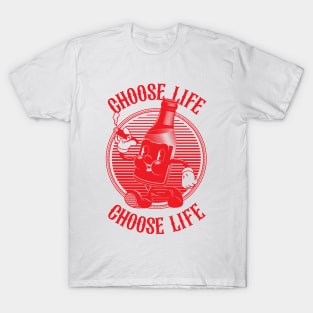 Vintage Walking Beer Bottle. "CHOOSE LIFE!" (RED) T-Shirt